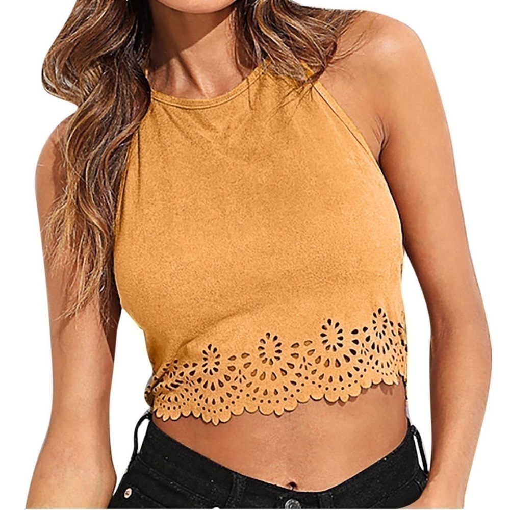 L&B Tan Faux Suede Halter Top Size Large